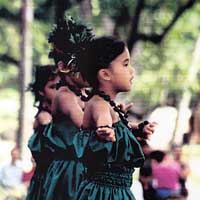 Photo of young hula dancers performing on the grass