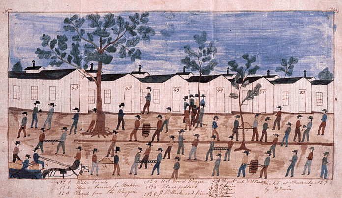 Colored sketch of prison camp
