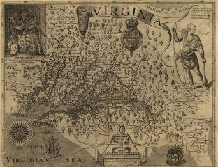 約翰‧史密斯船長繪製的地圖，畫的是維吉尼亞、詹姆斯敦這個新的殖民地。 