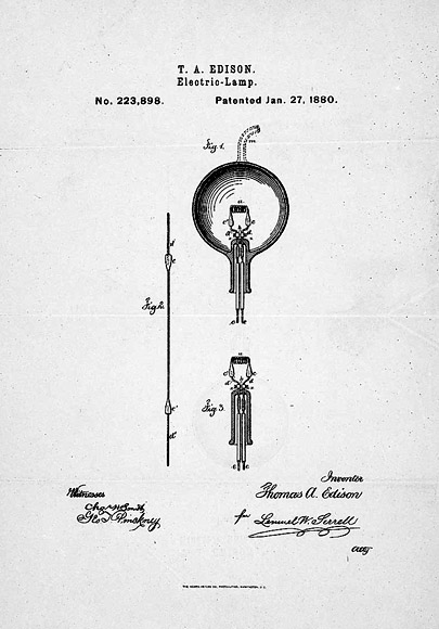Thomas Edison's Electric Lamp Patent Drawing and Claim [Incandescent Light Bulb]