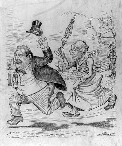 Cartoon showing President Grover Cleveland and Susan B. Anthony
