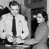 Woman fingerprinted. Mrs. Rosa Parks, Negro seamstress, whose refusal to move to the back of a bus touched off the bus boycott in Montgomery, Ala.
