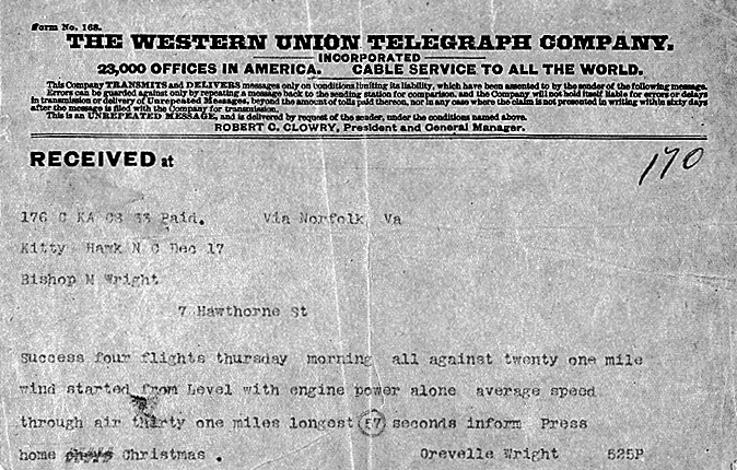 Telegram, Orville Wright to Bishop Milton Wright, announcing the first successful powered flight