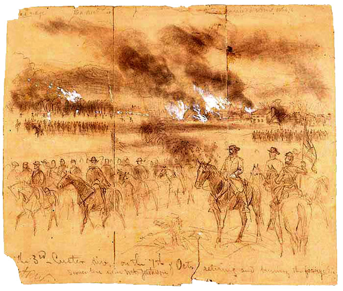 Custer's Division retiring from Mount Jackson in the Shenandoah Valley, October 7, 1864.