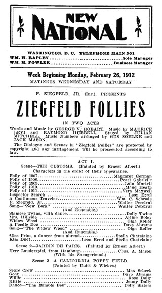 Playbill from the Ziegfield Follies, 1912.
