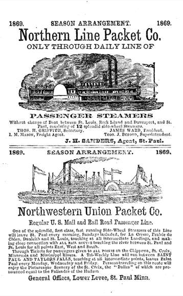 Advertisement for steamship travel to St.Paul, Minnesota.
