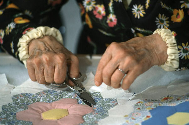 Quilt maker Lora King's Hands, 1978.
