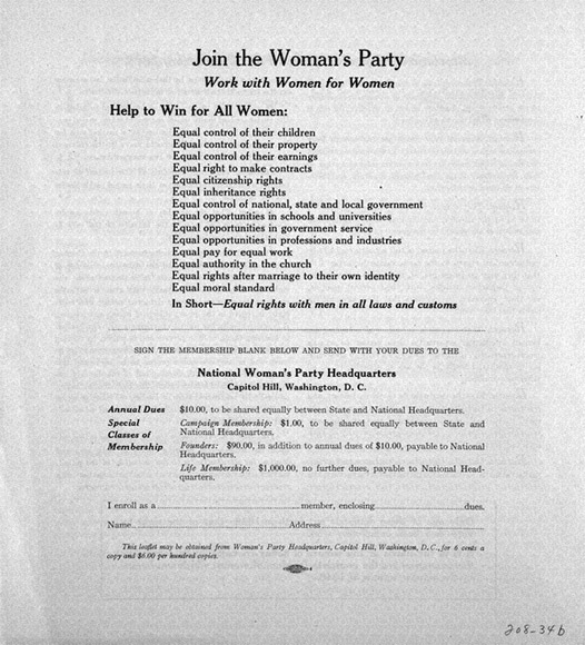 Flyer from the National Woman's Party with the Seneca Falls Resolutions