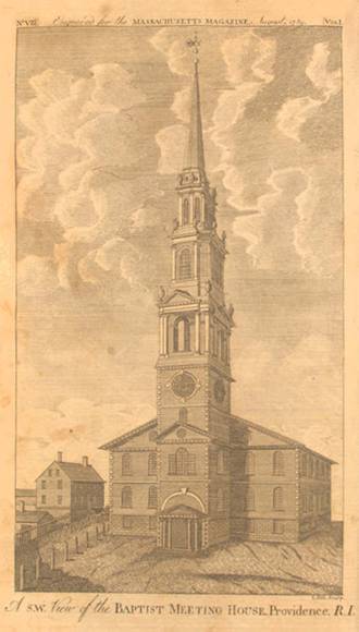 A S.W. view of the Baptist Meeting House, Providence, R.I.' August 1789.