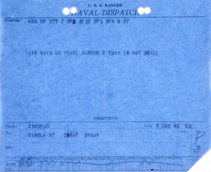 Naval Dispatch announcing the Japanese attack on Pearl Harbor