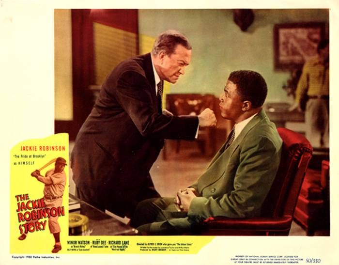 Lobby card promoting The Jackie Robinson Story, showing Minor Watson (as Dodgers president Branch Rickey) and Jackie Robinson (as himself), 1950.